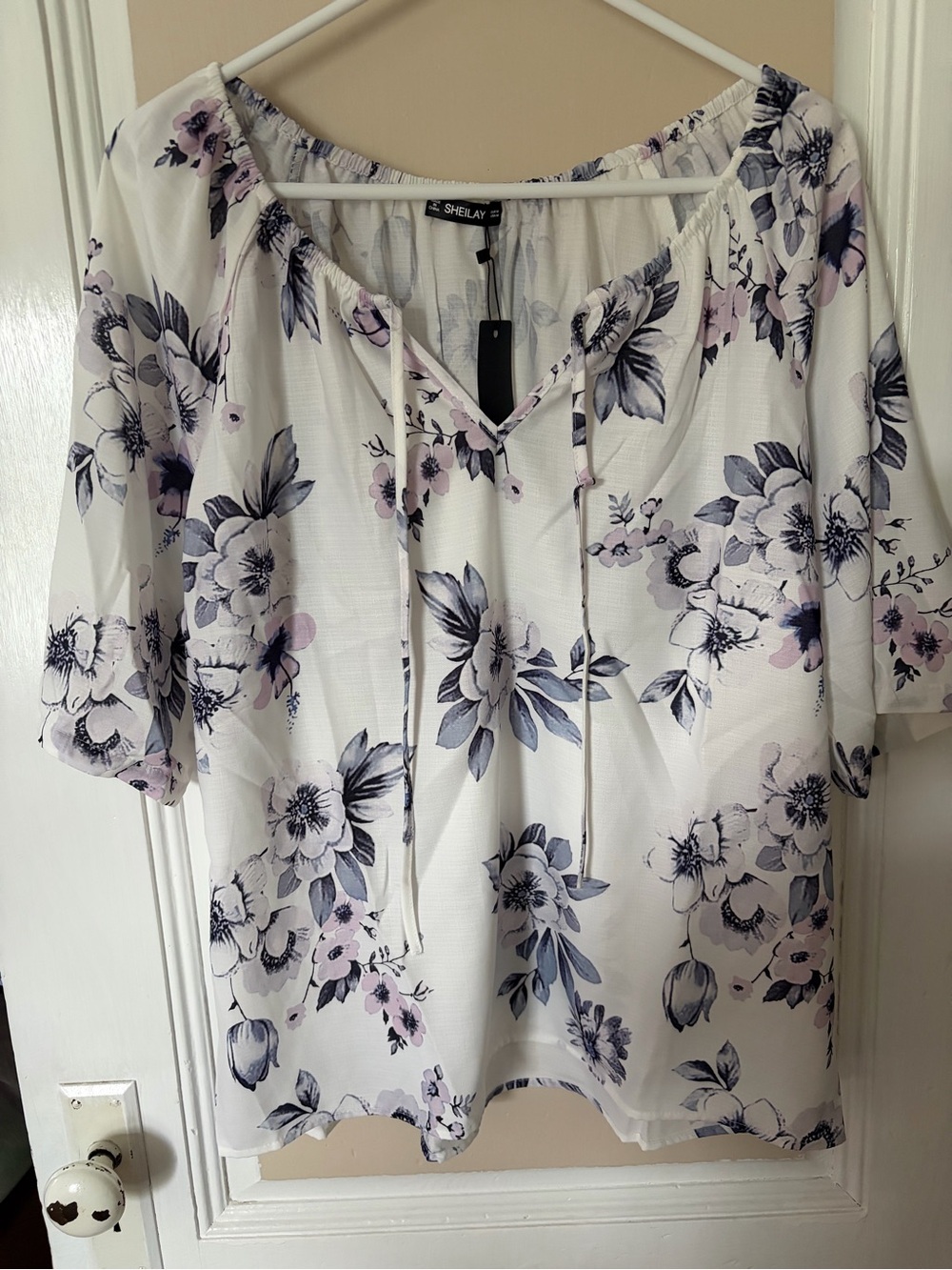 Sheilay White Floral Tie-Front Peasant Blouse
